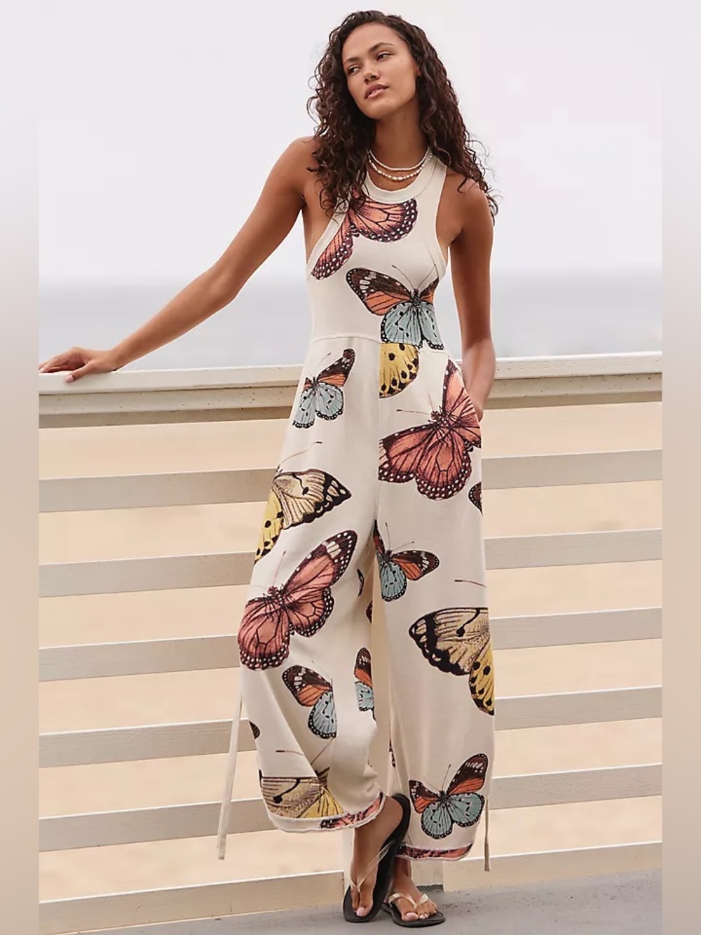 Anthropologie Daily Practice Plattsburg Sleeveless Cream Butterfly Jumpsuit Sml